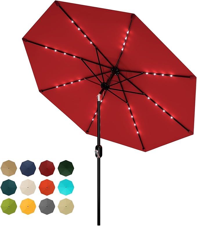 10 ft Patio Umbrella with Solar Lights, Outdoor LED Lighted Umbrella, 40 LED Lights & Tilt Crank, 8 Ribs for Poolside, Deck, Backyard