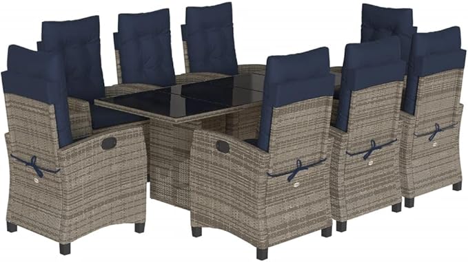 Backyard Furniture Patio Conversation Sets Outdoor Seating 9 Piece Patio Dining Set with Cushions Gray Poly Rattan Suitable for Gardens, Balconies, Decks