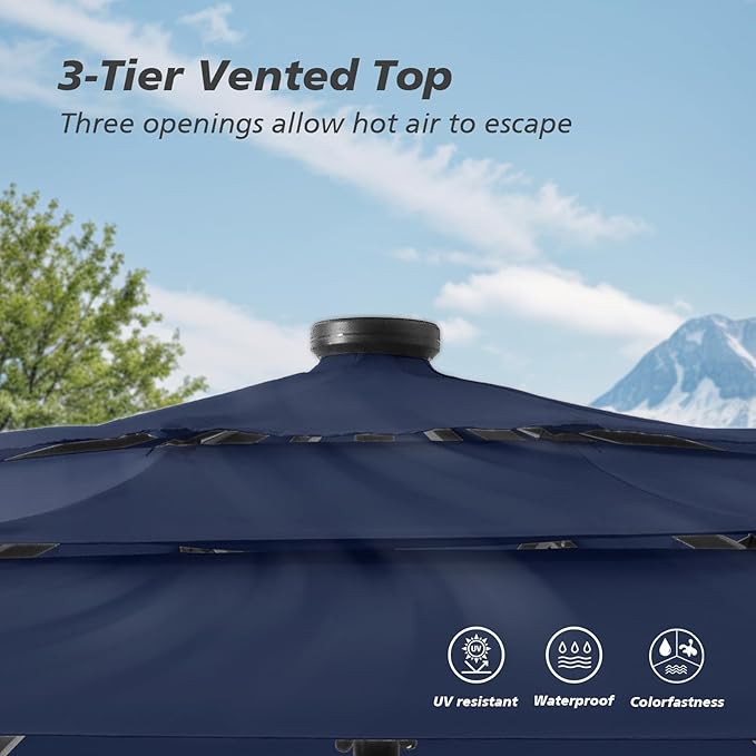 HOMPUS 9FT/10FT/11FT 3 Tiers Solar LED Patio Umbrella for Outside, Outdoor Market Umbrella with Push Button Tilt, 40 LEDs, Sun Shade for for Backyard, Deck, Garden