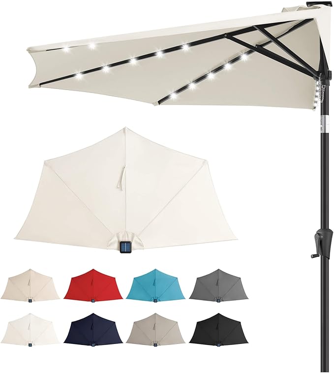 9FT Solar Half Umbrellas Outdoor - LED Half Patio Umbrella with 25 Lights, UV Protection Waterproof, Half Round Umbrella for Wall Balcony, Pool, Porch, Garden, Deck, Backyard, Ivory