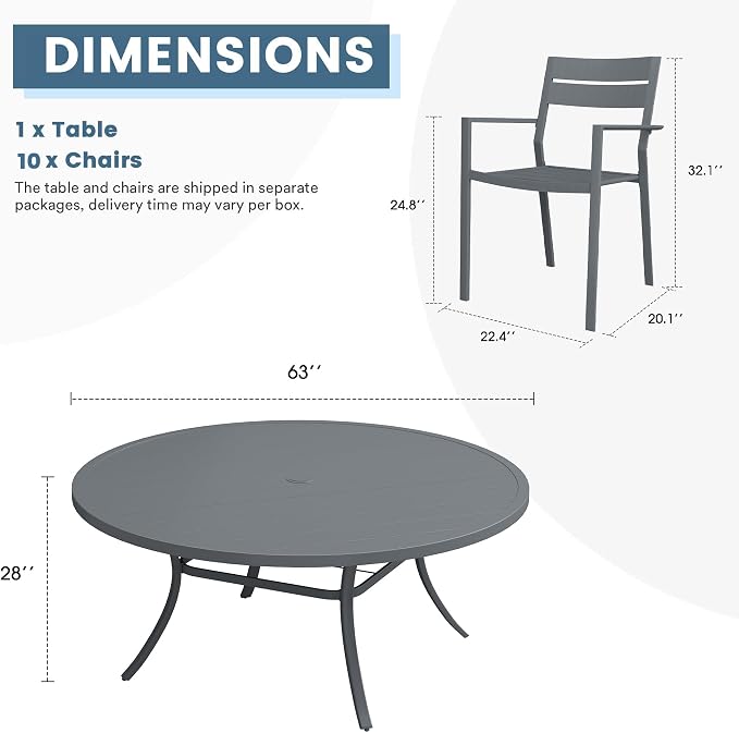 DIFY 11 Piece Outdoor Patio Dining Set for 10, Patio Table and Chairs Set with Umbrella Hole, 63" Round Dining Table and Stackable Metal Chairs for Backyard Garden Poolside, Grey