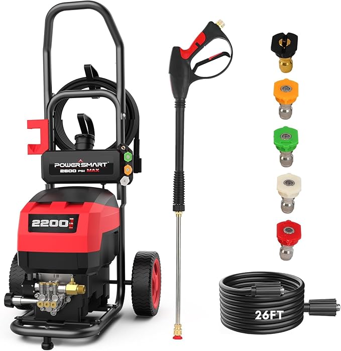 PowerSmart Electric Pressure Washer - 2200 PSI Max 1.2 GPM Power Washer with Wheels, Onboard Soap Tank, 5 Nozzles Set& Metal Wand - Professional High Pressure Cleaner for Cars, Driveways & Patios