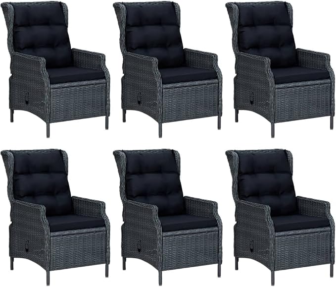 7 Piece Patio Dining Set with Dark Gray Poly Rattan, Tempered Glass Table, and Adjustable Backrest Chairs for Outdoor Garden