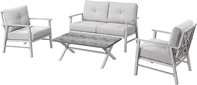 Aluminum Outdoor Patio Furniture Set, 4 Piece Patio Conversation Sets with Washable Thick Cushions, Weather-Resistant Outdoor Sectional Sofa Couch Sets for Poolside, Backyard, White Oak