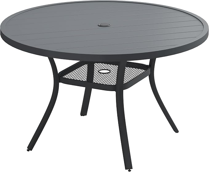 Patio Dining Table for 4-6, Round Metal Outdoor Table with 1.57" Umbrella Hole, 47" Outdoor Slat Tabletop Dining Table for Backyard, Porch, Lawn, Dark Grey
