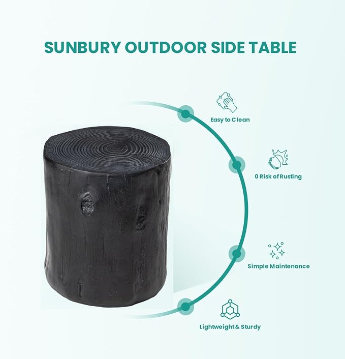 SUNBURY Outdoor Stump Side Table, Faux Wooden Concrete End Table, Black Round Patio Accent Table,Decorative Planter Stand Ottoman for Garden Household Living Room