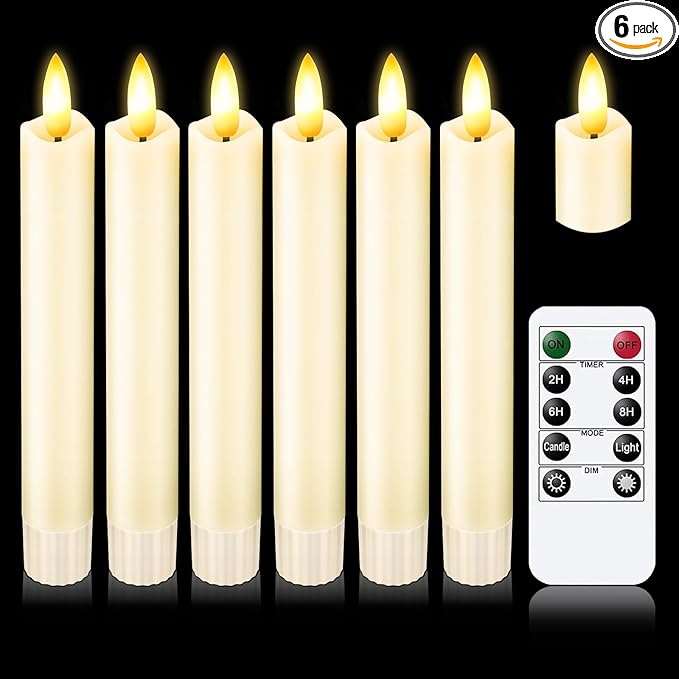 KSWING Upgraded Real Wax Short LED Flameless Taper Candles with Remote, 6 PCS Ivory Candlesticks Battery Operated 3D Flickering - 6" Realistic Fake Candle Sticks for Home/Wedding/Fireplace Xmas Decor