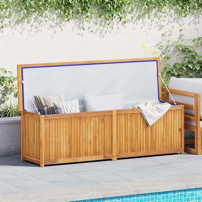 Large Teak Wood Storage Box for Outdoor and Indoor Use, Rustic Solid Teak Wood Storage Box for Cushions and Garden Tools in Warm Brown, Dimensions 35.4 x 19.7 x 22.8 in