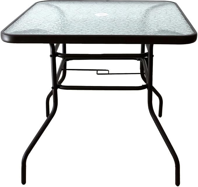 AOODA 31.5" Square Patio Dining Table with Tempered Glass Top and Steel Base, Fits Most Umbrellas, 4-Seater, Modern Style, Clear Glass & Steel, 31.5" x 31.5" x 28"