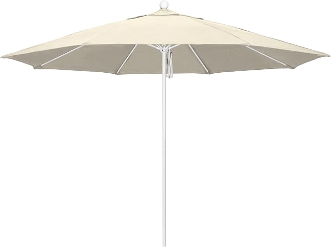 California Umbrella 11Ft Commercial Grade Market Umbrella, Pulley Lift, Aluminum/Fiberglass, 2mm pole wall, White Frame, Solution Dyed Beige Fabric