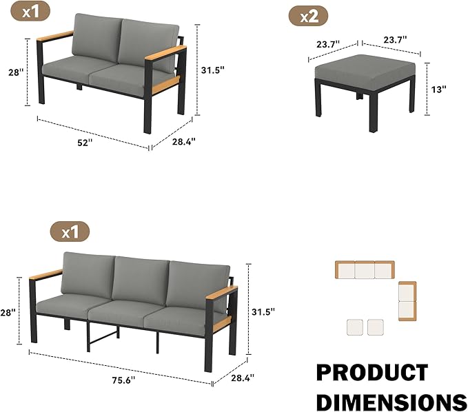 HOMREST Aluminum Patio Furniture Set, 7 Seat Oversized Outdoor Sectional with Washable Thick Cushions, Patio Conversation Set with Special Wide Armrest and Deep Seat, Gray