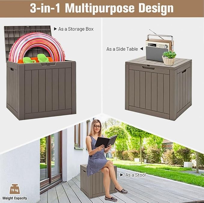 Light Brown 30-Gallon Deck Box Storage with Woodgrain Texture, 22x17x21in for Patio & Garden - Waterproof Lid, UV-Resistant
