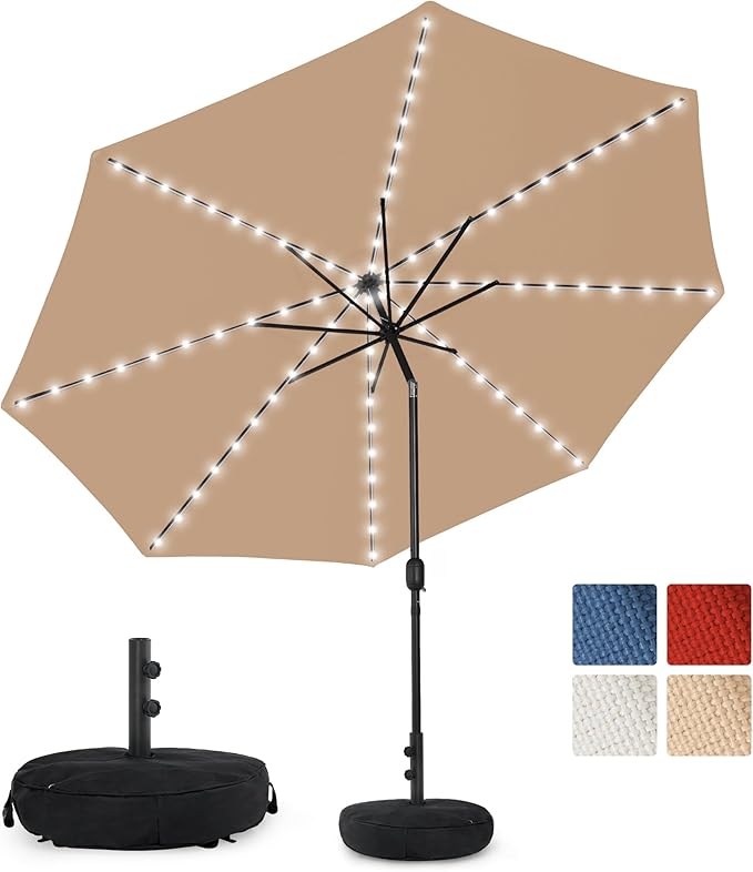 Sundale Outdoor OLEFIN LED Solar Patio Umbrella with Sand Bag Umbrella Base, Outdoor Umbrella with Tilt and Crank