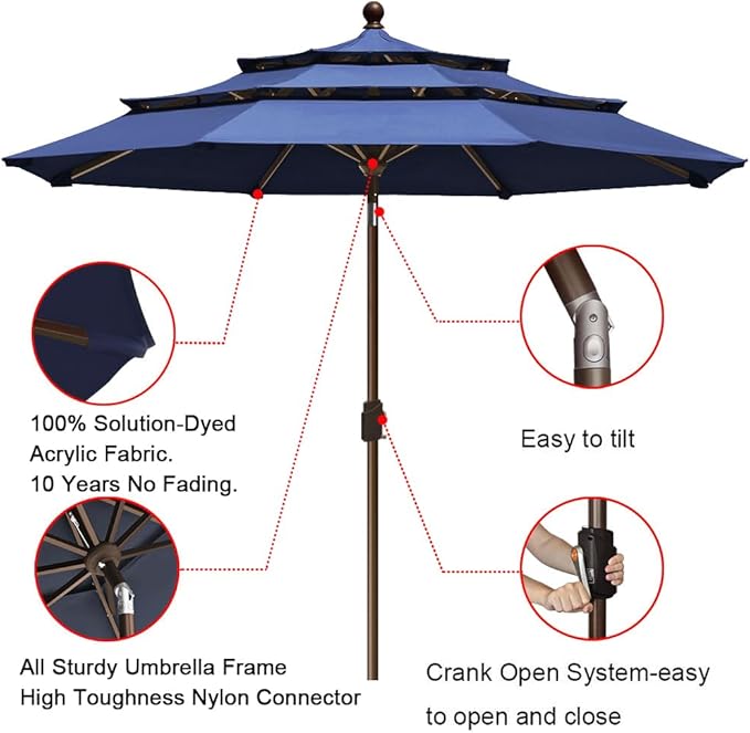 EliteShade USA 10-Year-Non-Fading 9ft 3-Tier Market Patio Umbrella, Commercial Grade Outdoor Table Umbrella with Crank Open, Windproof & UPF 50+ UV Protection, Heavy Duty Ventilation for Garden, Deck, Pool, Backyard, Beach & Bistro, Navy Blue