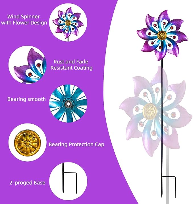 VEWOGARDEN Garden Metal Flower Wind Spinners Outdoor, Kinetic Wind Sculptures & Spinners for Yard Lawn Patio Decorations, Blue & Purple