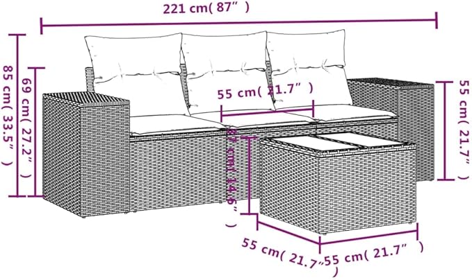 vidaXL Patio Sofa Set with Cushions 4 Piece, Outdoor Conversation Set, Sectional Sofa for Balcony Garden, Patio Furniture, Gray Poly Rattan