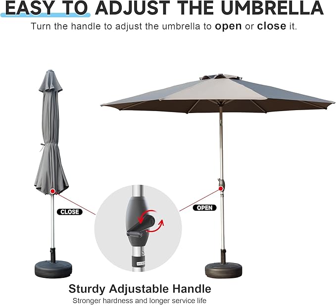 Domi 9FT Patio Umbrella Outdoor Market Umbrella with Silver Aluminum Pole, UV Resistant Canopy, Wind Vent, Tilt & Crank System, Perfect for Patio, Garden, Deck, Pool, Outdoor Dining, Gray