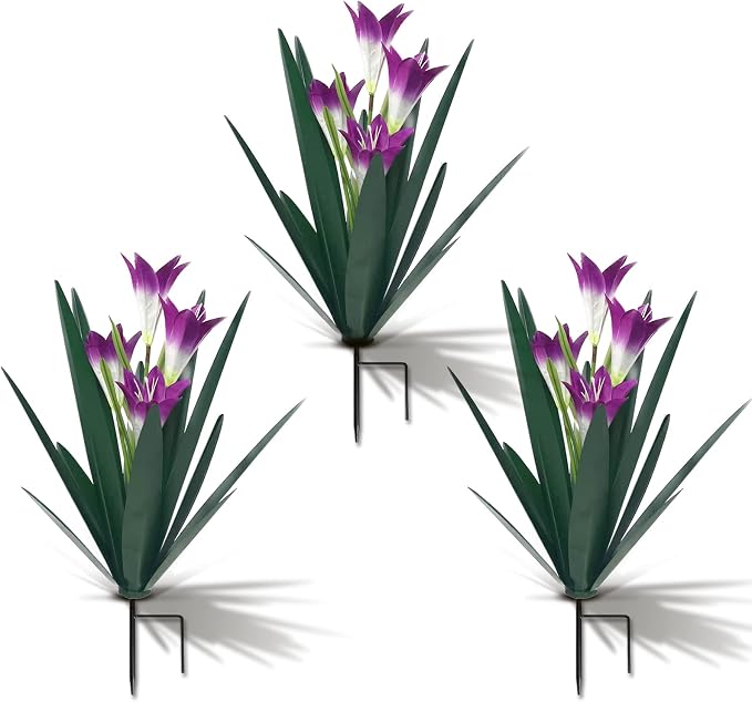 Homight Metal Agave Plant Outdoor Decoration Lily Mexican Yard Art Garden Gift Home Decor Hand Painted Metal Agave Garden Yard Statue, Outdoor Lawn Ornaments(3 Big Purple Lilies)