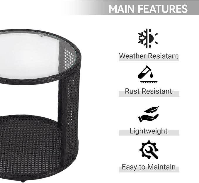 Patio Rattan Side Table - Outdoor Wicker Fashionable Side Table with Large Storage, Round End Table with Glass Table Top for Garden, Backyard, Porch, Deck, Black