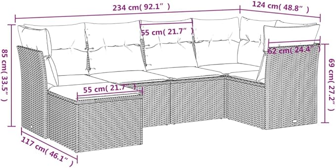 6 Piece Patio Sofa Set with Cushions, Garden Lounge Set Patio Conversation Set Porch Furniture Set Front Porch Furniture for Exhibition Poolside Negotiation Area Garden Black Poly Rattan