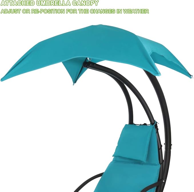 Patio Hanging Chaise Outdoor Lounger Padded Cushion Swing Hammock Chair w/Sun Shade Canopy Umbrella Stand [Blue]