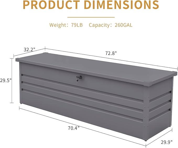 Extra Large Lockable Metal Deck Box, Waterproof Outdoor Patio Storage Container for Furniture Cushions, Pool Accessories & Garden Tools (Light Gray + Metal, 260, Gallons)
