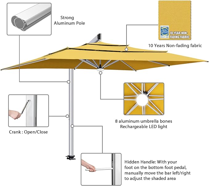 EliteShade USA Atlas 3-Tier 10x13FT Full Aluminum Cantilever Patio Umbrella for Outdoor Restaurant Garden Courtyard Deck Pool and Marketing with Light (No battery), Sunflower Yellow