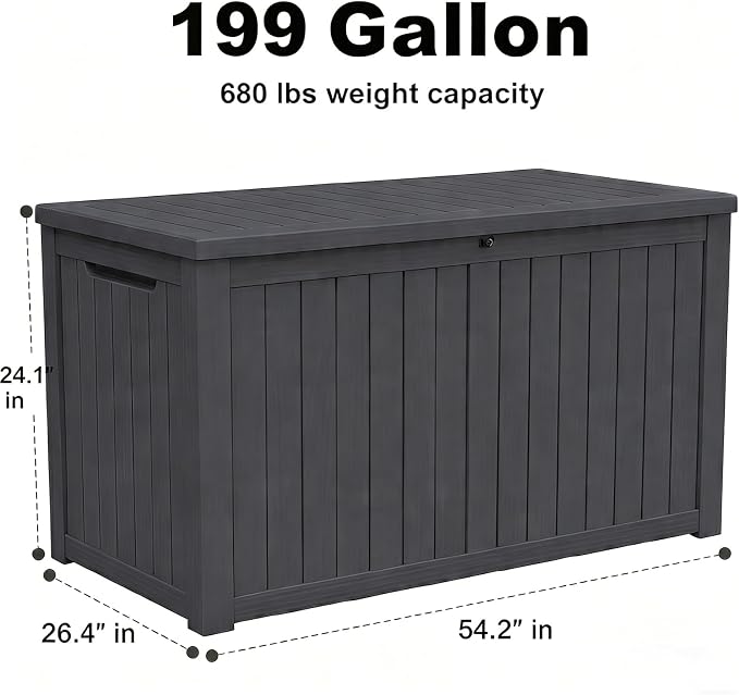 199 Gallon Large Resin Outdoor Storage Box, Waterproof Deck Box with Lockable Lid, Outside Storage Box for Patio Furniture, Pool Accessories, Garden Tools, Storage Bench for Backyard, Porch, Black