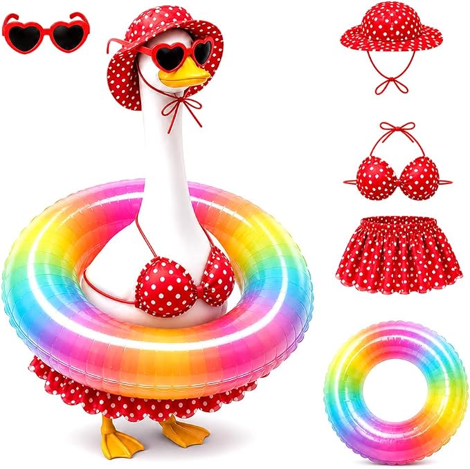 STONESTAR Hawaiian Porch Goose Outfits with Hat Sunglasses & Swim Ring, Summer Bikini Goose Outfit Clothes Costume Fits 23" Cement Geese Statue, Summer Garden Lawn Patio Yard Outdoor Decor