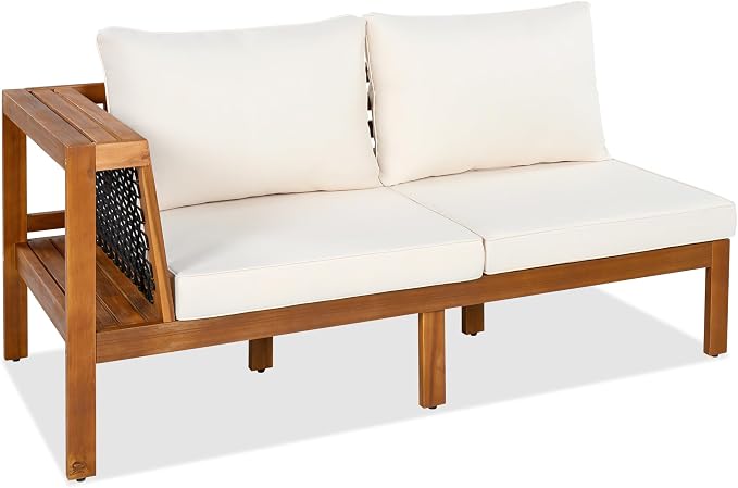 VilroCaz Acacia Wood Patio Sectional Sofa Set, All-Weather Outdoor Conversation Set with Coffee Table and Woven Mesh Armrests, Corner Design Patio Set with Cushions and Side Table (Beige Cushions)