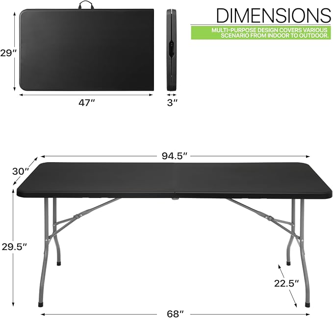 Magshion 8ft Plastic Folding Table with Handle for Indoor Outdoor, 8 Foot Utility Commercial Craft Foldable Table for Party Events, Black