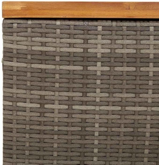 Modern Rectangular Garden Storage Box with Gas Spring Mechanism, Grey Poly Rattan and Solid Acacia Wood, Water-Resistant Outdoor Indoor Storage Solution for Cushions Blankets