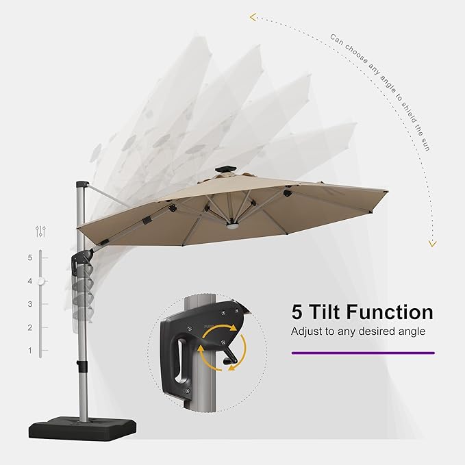 PURPLE LEAF 10ft Patio Umbrella with Lights Outdoor Round Cantilever Solar Powered LED Umbrella with 360-degree Rotation for Garden Deck Pool Patio, Beige