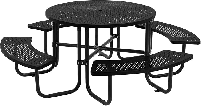 Coated Steel Heavy Duty Picnic Table for Outdoors 3200 lbs Load, Round Camping Table with 1.78" Umbrella Hole, Commercial Picnic Table with Benches, Black
