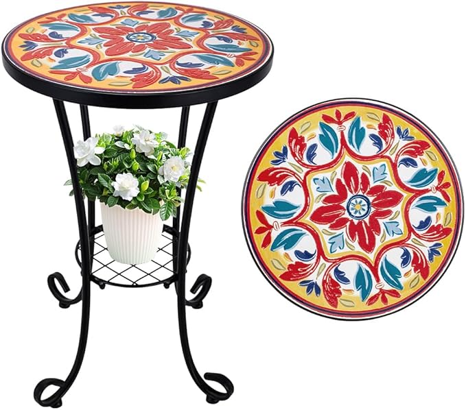 14 Inch Mosaic Patio Side Table with Scroll Legs, Indoor Outdoor Accent Round End Table with Ceramic Tile Tops for Yard, Garden, Living Room, Bistro, B - Mediterranean Floral Pattern