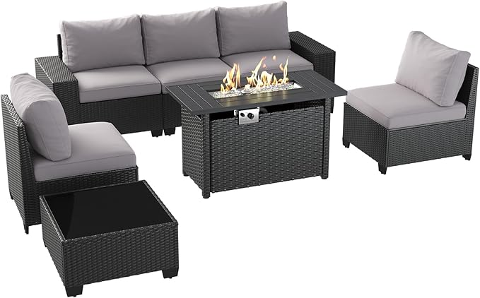 Aoxun Outdoor Patio Furniture Set with 44'' Fire Pit Table, 7 Pcs Outdoor Patio Furniture Sets with 4in Thicken Cushion, Widen Armrests Wicker Outdoor Sectional for Backyard (Waterproof Cover Include)
