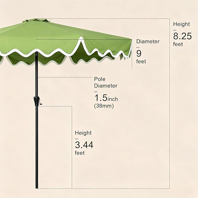 Tempera 9FT Scalloped Tassel Patio Umbrella, Outdoor Market Umbrellas with 8 Sturdy Ribs with Crank & Pust Button Tilt,Fade Resistant Canopy