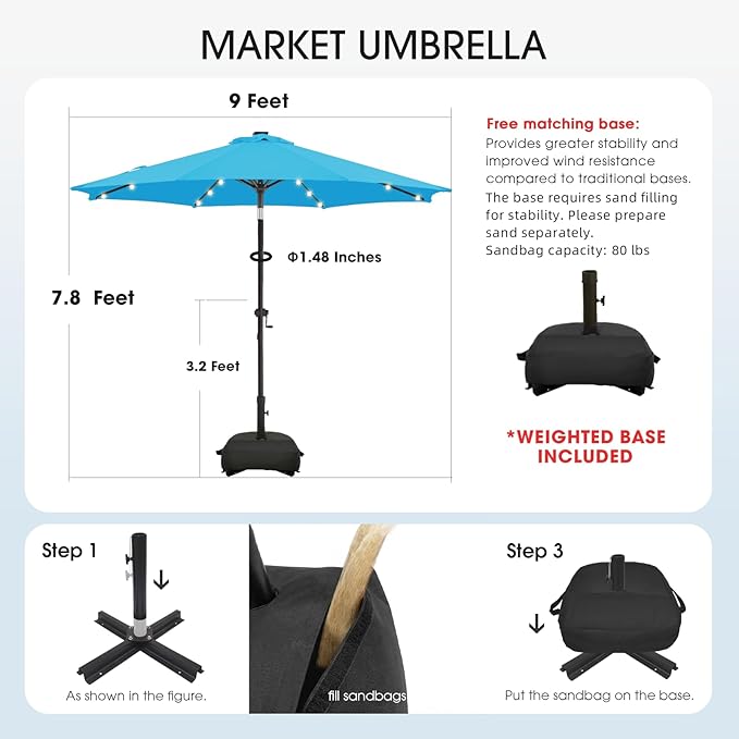 wikiwiki 9FT Solar Led Patio Umbrella with Base Included, 32 LED Lights, 8 Sturdy Ribs, Fade Resistant Waterproof POLYESTER DTY Canopy for Garden, Lawn, Deck, Backyard & Pool, Sky Blue