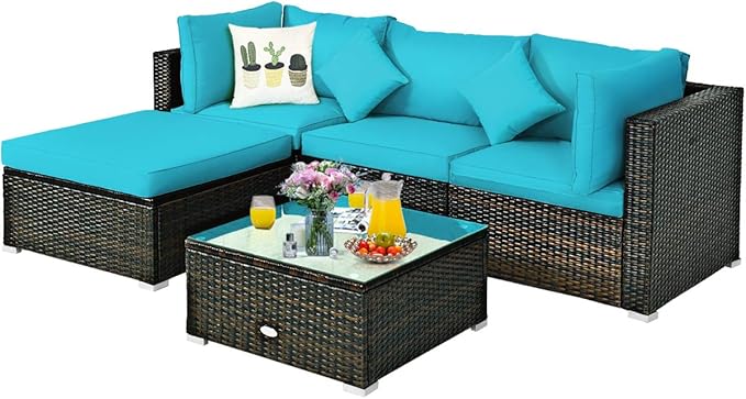 COSTWAY 5-Piece Outdoor Patio Furniture Set, Glass Top Coffee Table and Lounge Sofa with Cushions, PE Rattan Conversation Set for Garden, Deck, Backyard (Turquoise)