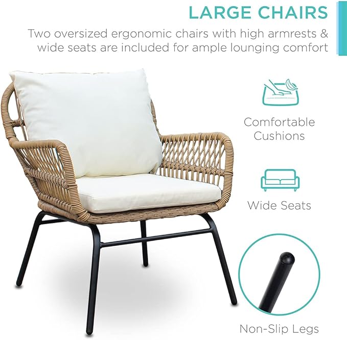 Patio Furniture Set 3-Piece, Bohemian Simple Outdoor All Weather Rattan Patio Furniture Bistro Wicker Conversation Set with Coffee Table & Cushions, Outdoor Sectional Sofa for Balcony, Backyard, Deck