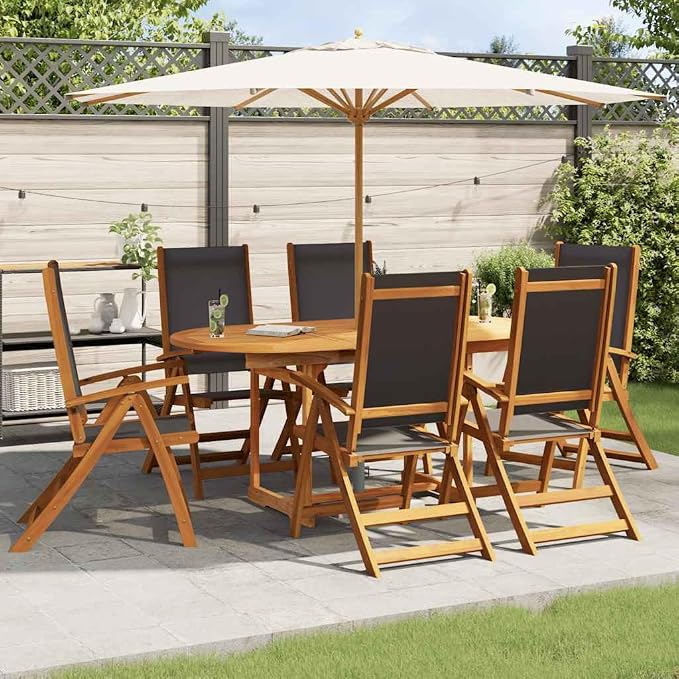 7-Piece Acacia Wood Oval Dining Set with Reclining Chairs | Features a dark oil finished table and 6 folding chairs with black textilene fabric for patio and backyard use.