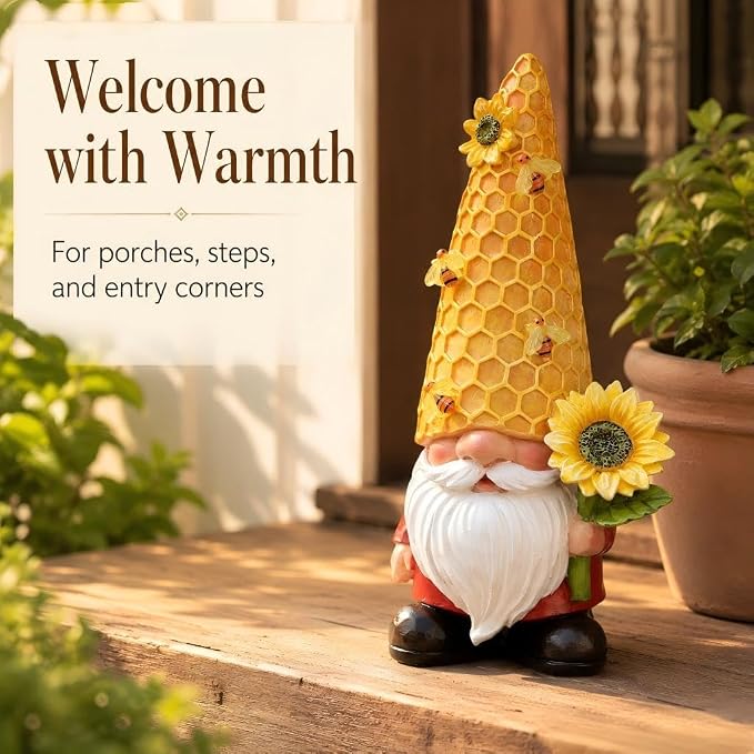 12.3''Garden Sunflower Gnomes Outdoor Statues Clearance for Garden Decor with Solar Bee Lights,Summer Decorations Gnomes Outside Decor - Gifts for Mom Woman,Yard Art Ornament for Patio Lawn