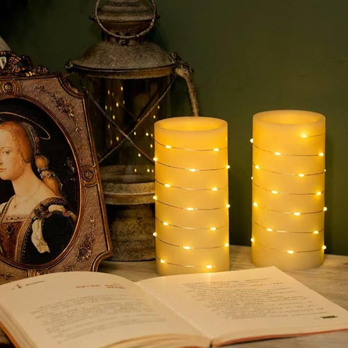 BeMoment Flickering Flameless Candles Ivory Real Wax Pillar with Embedded String Lights LED Candles Battery Operated Candle with Timer and Remote, for Bedroom, Wedding, Home Decor Set of 2 (3" x 6")