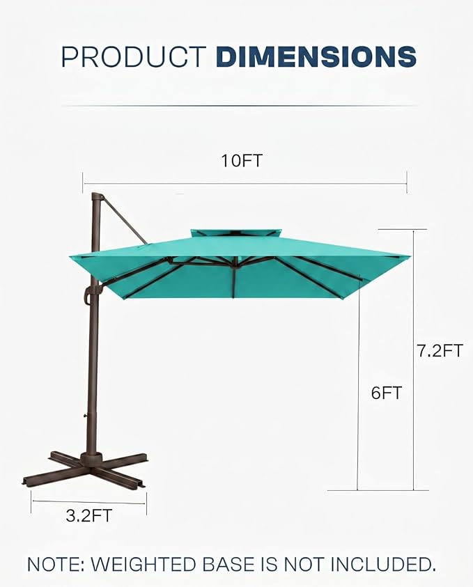 10'×10' Patio Umbrella, Double Top Aluminum Cantilever Umbrella with 360°Rotation, Offset Patio Umbrella with Easy Tilt for Pool Deck Garden Backyard, Turquoise (Base not Included)