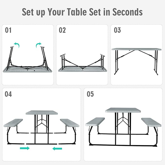 GYMAX Picnic Table, 550 LBS Folding Picnic Tables with Benches & Seats, Weather-Resistant Easy Setup Portable Picnic Table, Wood-Like Foldable Picnic Tables for Outdoors Patio Deck Party BBQ (Grey)