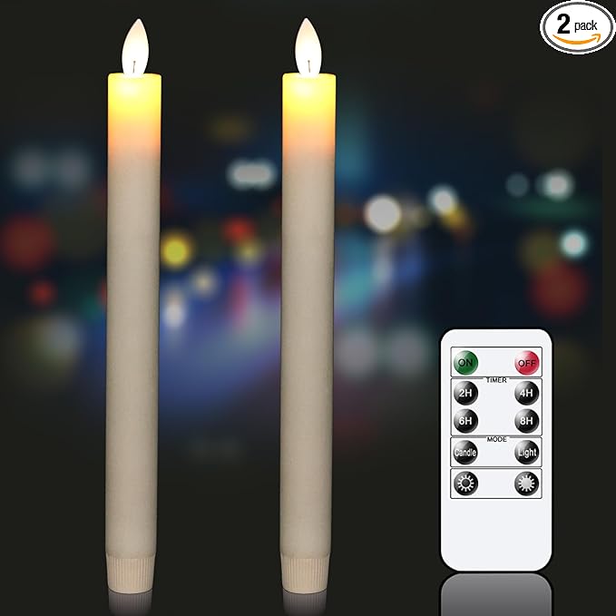 GenSwin Battery Operated Ivory Flameless Taper Candles with Remote & Timer, Moving Wick Real Wax Window Flickering LED Candles Christmas Decoration(0.78 x 9.5 Inches, Set of 2)