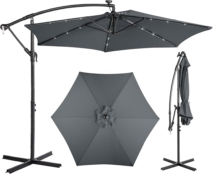 VINGLI 10 ft Cantilever Patio Umbrella, Offset Cantilever Outdoor Umbrella with Solar Lights, Easy Crank & Tilt Adjustment for Backyard, Poolside, Deck