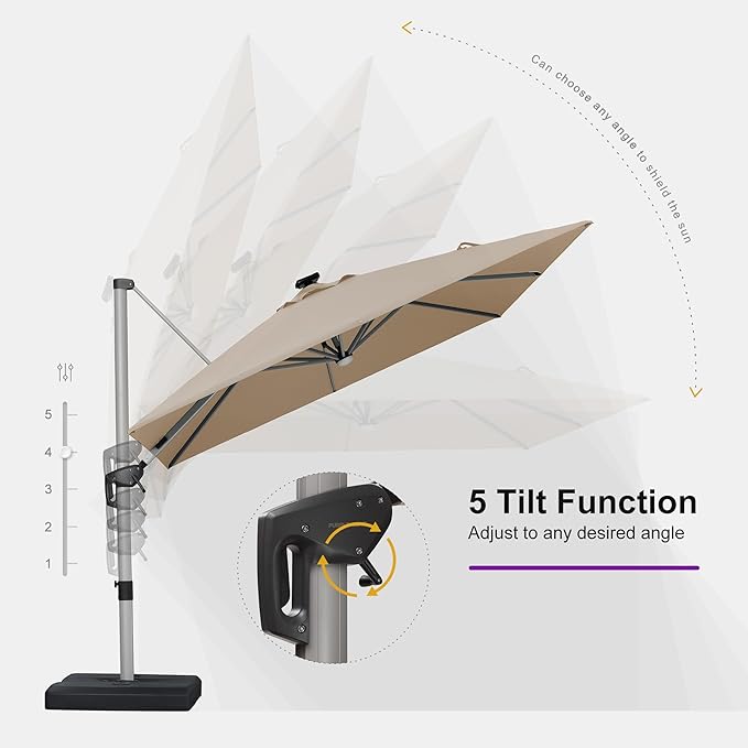 PURPLE LEAF 10 Feet Patio Umbrella with Lights Outdoor Square Cantilever Umbrella Solar Powered LED with 360-degree Rotation for Garden Deck Pool Patio, Beige