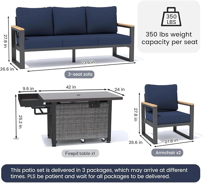 Sundale Outdoor Aluminum Patio Furniture Set, 4 Piece Outdoor Conversation Sets with Fire Pit, Ottoman and Washable Thick Cushions, All Weather Outdoor Sectional Set for Deck, Lawn (Navy Blue)