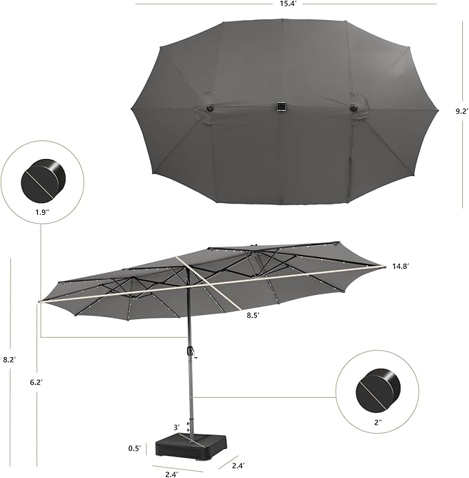 Giantex Large Outdoor Umbrella Double-Sided, 48 Solar Lights, Auto-Charging Solar Panel, Extra Large Patio Umbrella with Base and Crank, Outdoor Market Umbrellas for Poolside Garden